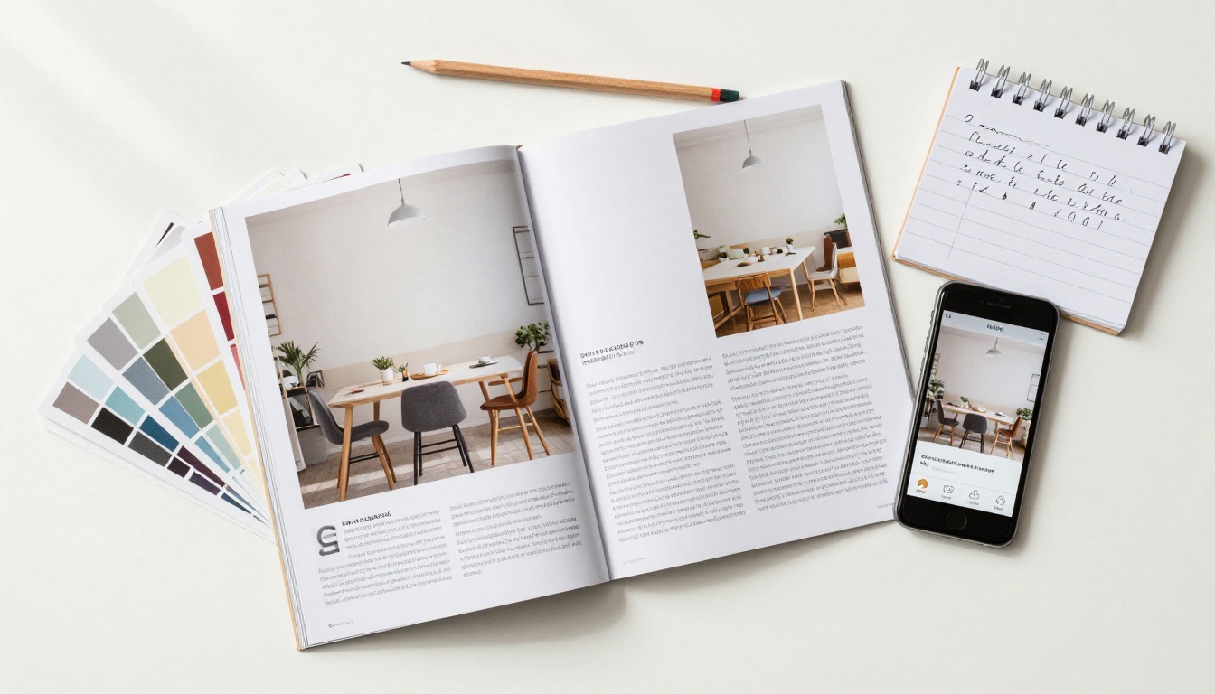 Flat-lay overhead shot of a design workspace with brochure printout, color swatches, and smartphone