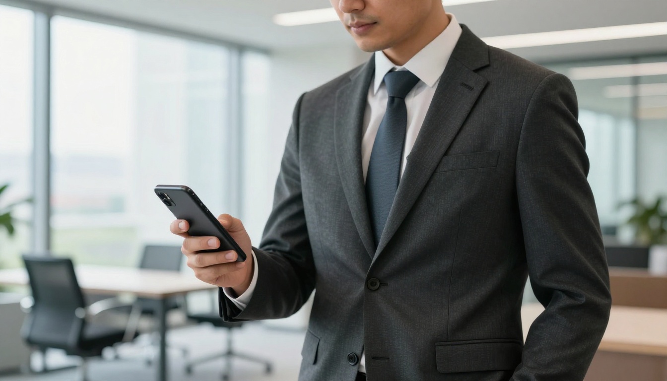 Business professional holding a smartphone displaying a mobile-responsive digital publication in a modern office lobby