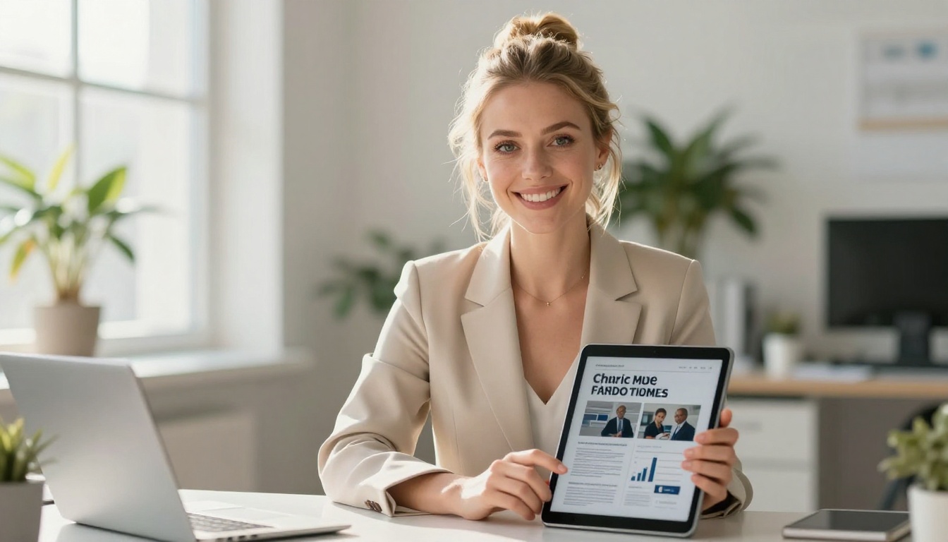 Smiling businesswoman in beige blazer holding a tablet with a professional flipbook on screen