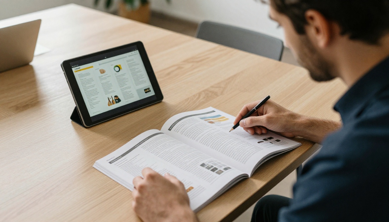 A professional comparing digital flipbook options at a modern desk