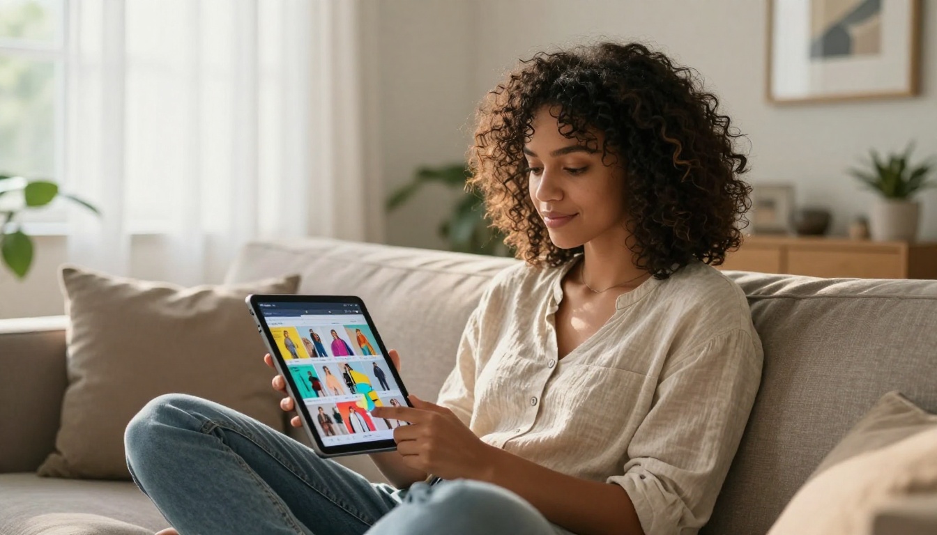 Young woman browsing a digital flipbook on a tablet in a modern living room