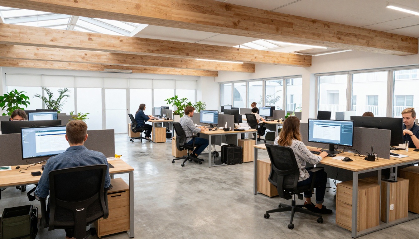 Modern coworking space with professionals working on publishing projects