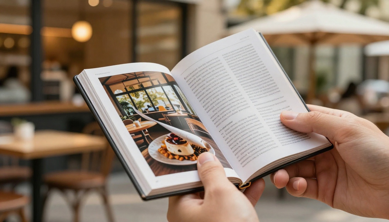 Smartphone displaying a digital magazine flipbook in a cafe setting