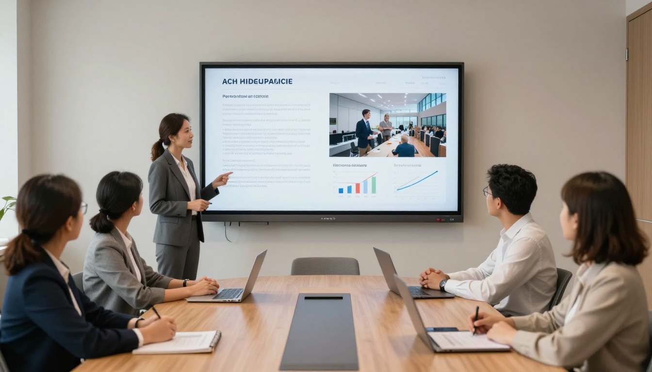 Woman presenting a corporate flipbook on a wall screen in a conference room