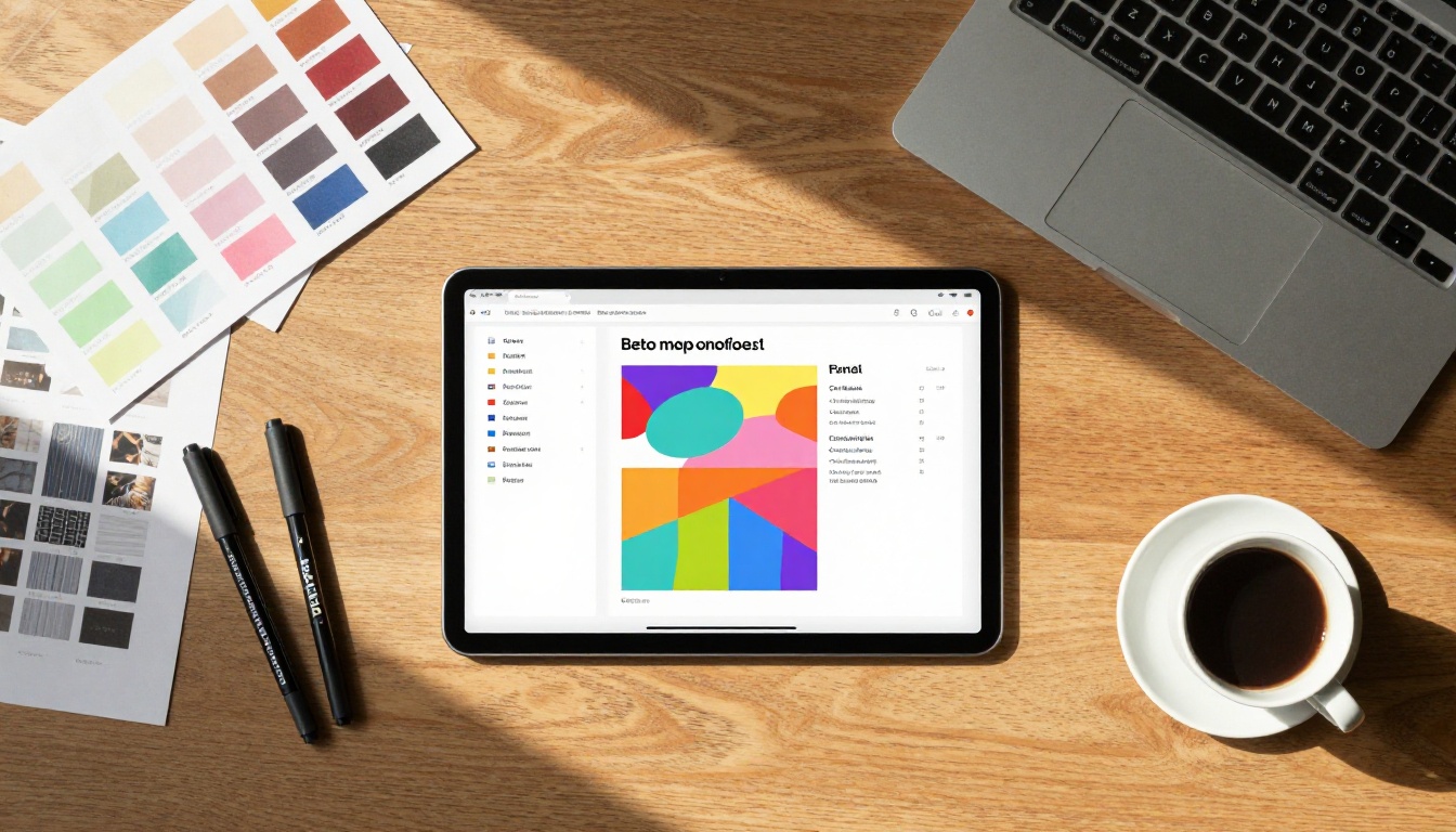Designer's flat lay workspace with tablet displaying a digital brochure