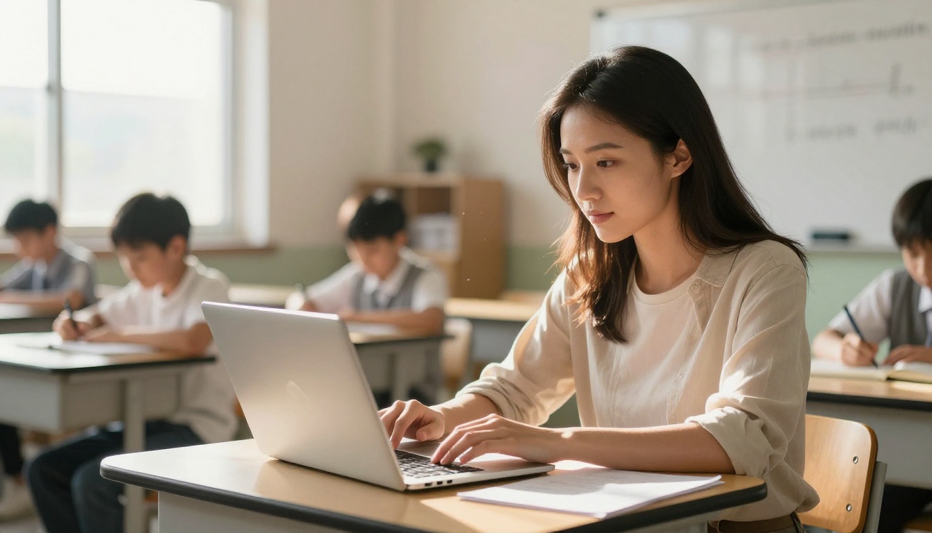 Teacher creating interactive course material on a laptop in a classroom