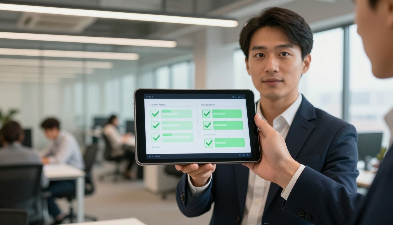 Businessman holding tablet with feature comparison Businessman holding tablet with feature comparison