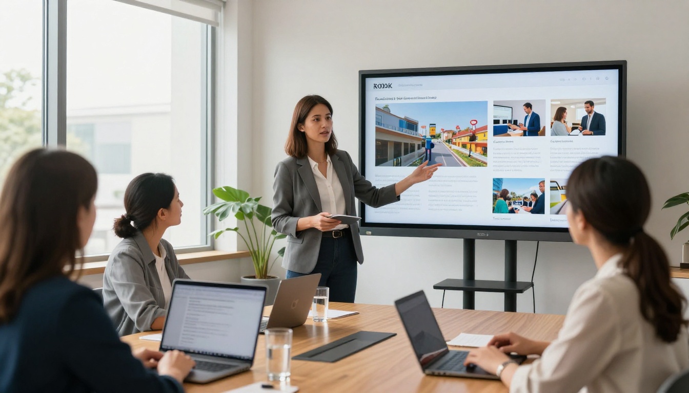 Marketing professional presenting flipbook on screen Marketing professional presenting flipbook on screen