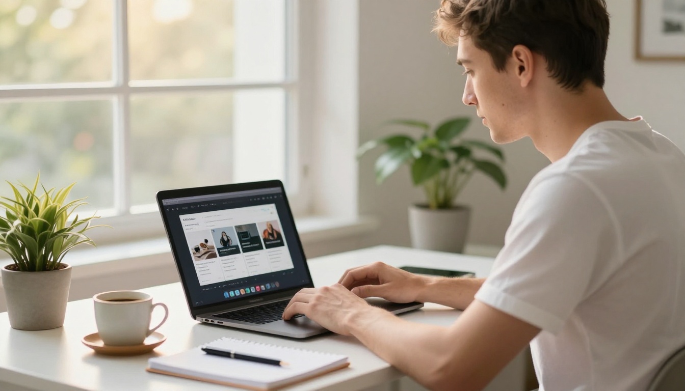 Entrepreneur comparing platforms on laptop at white desk Entrepreneur comparing platforms on laptop at white desk