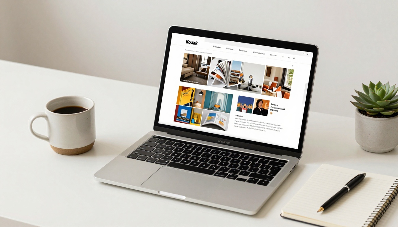 Clean ad-free flipbook interface displayed on laptop, overhead desk shot