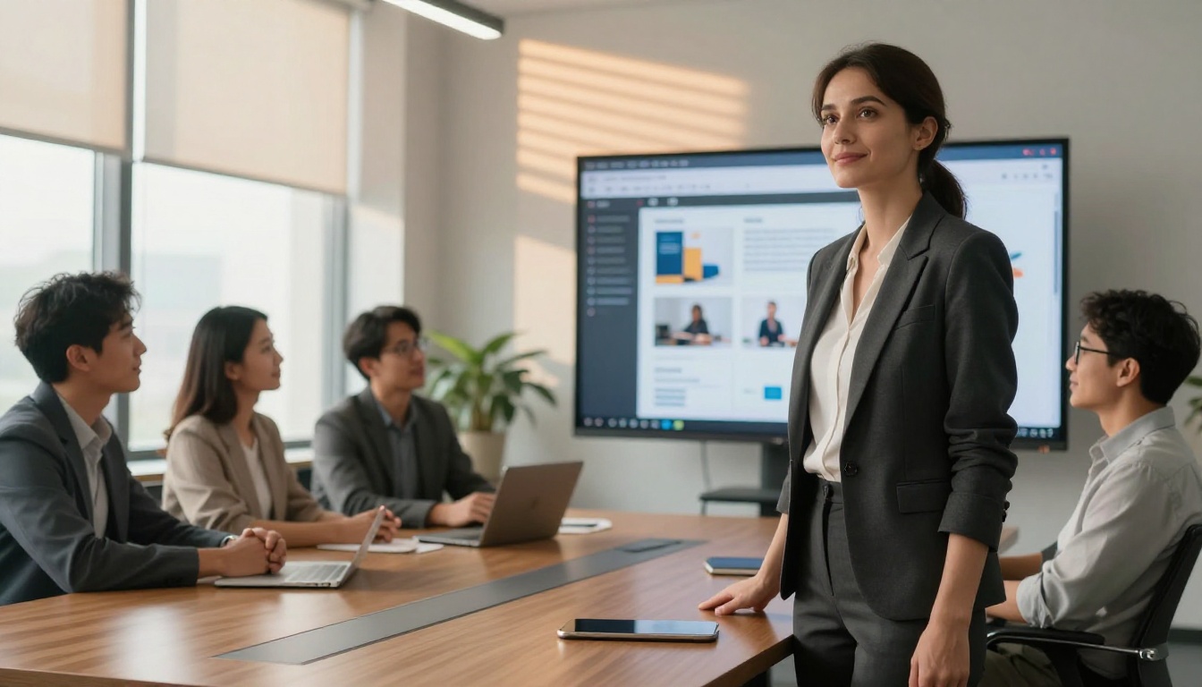 Professional woman presenting digital catalog flipbook in conference room