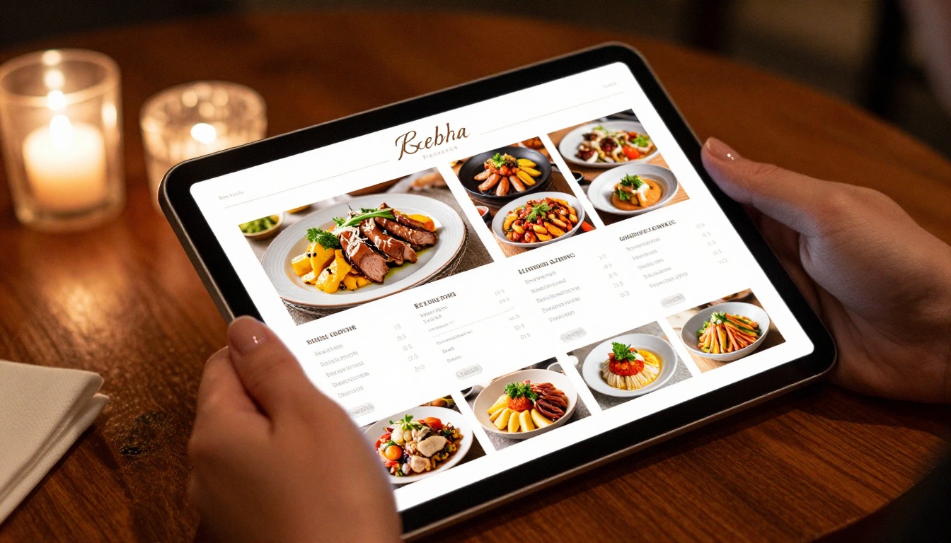 Restaurant menu flipbook displayed on tablet with warm ambient lighting