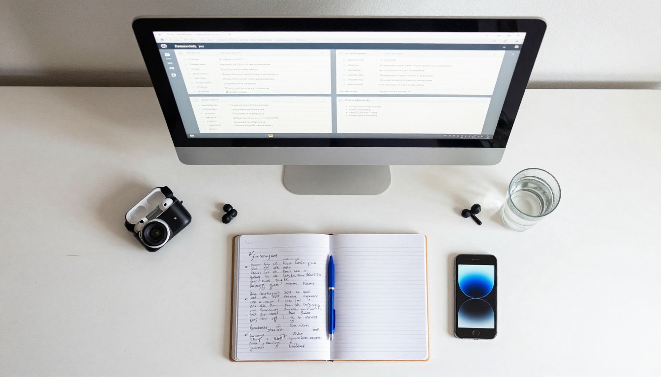 Aerial workspace view with software comparison on monitor