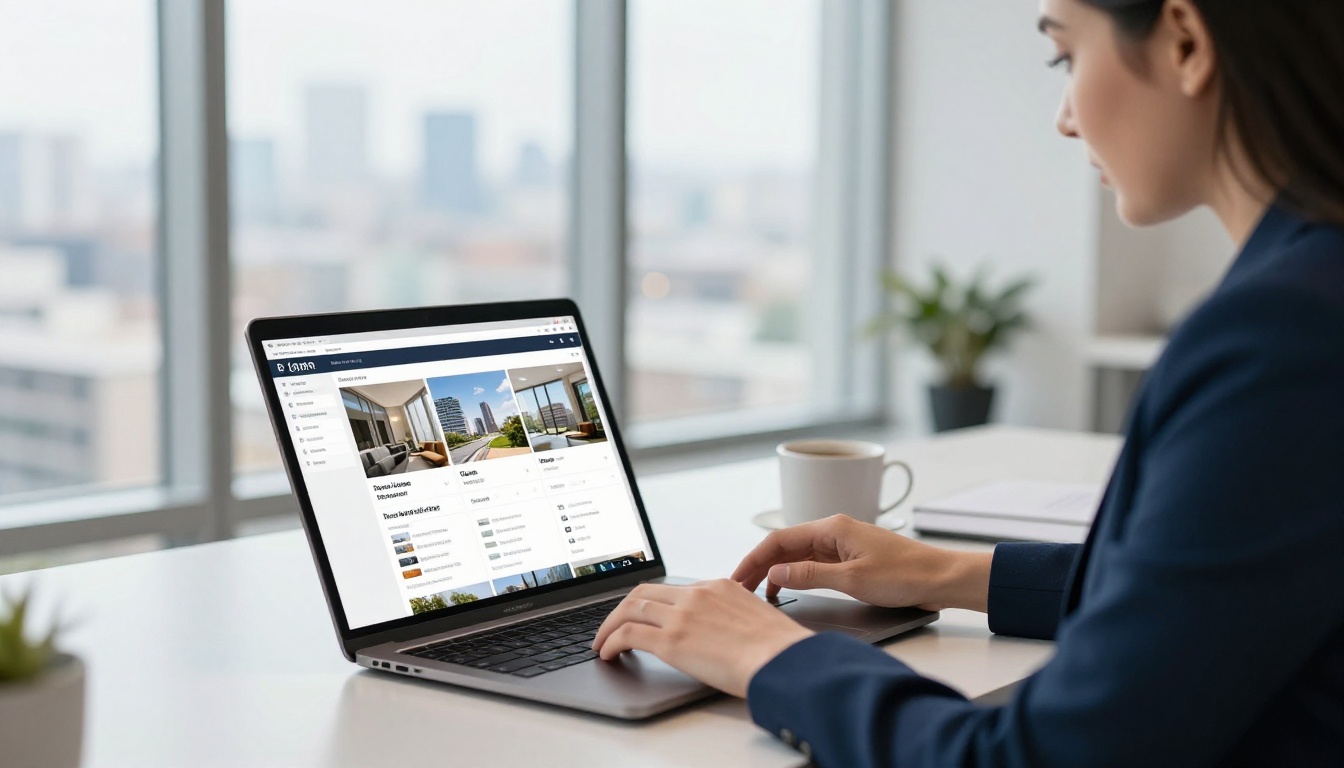 Real estate agent reviewing property brochure flipbook on laptop in modern office