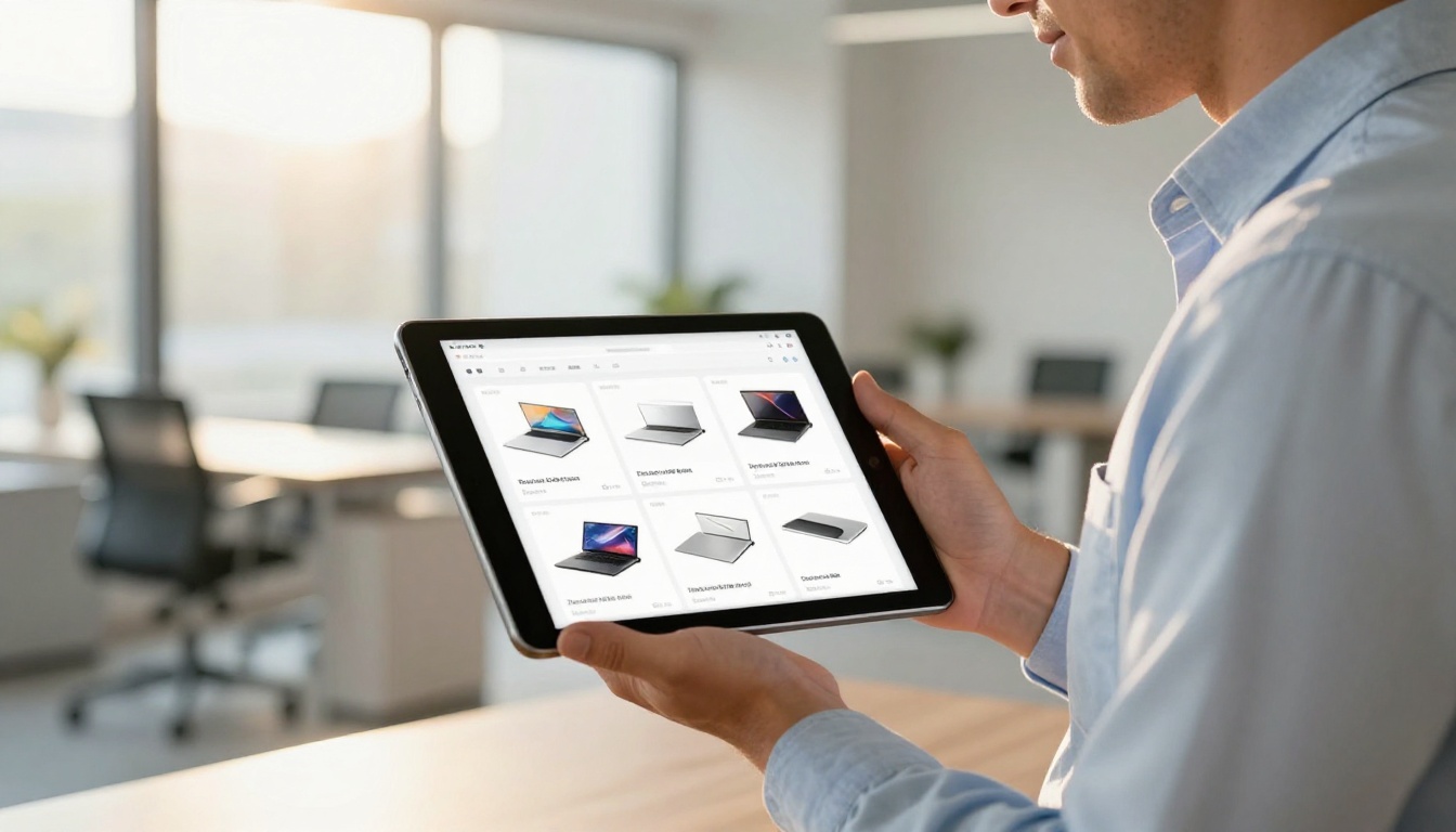 Professional man viewing clean digital catalog on tablet