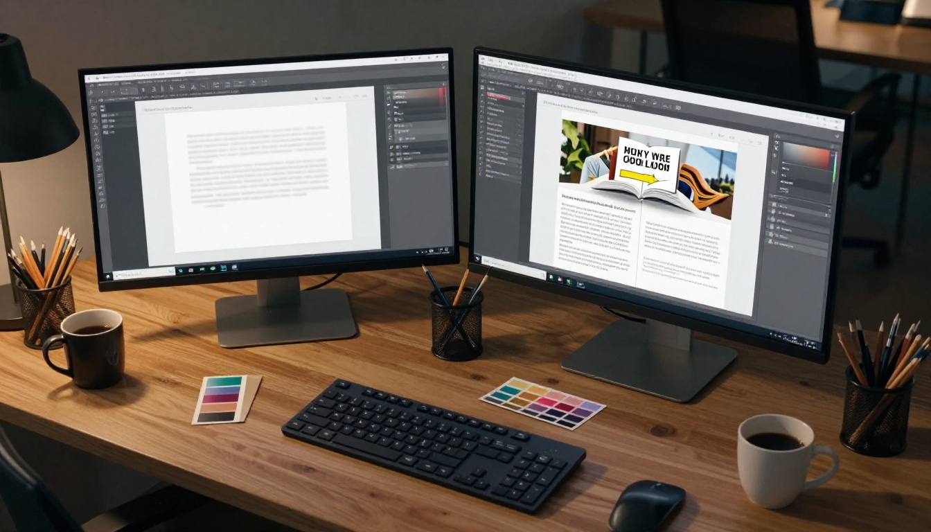 Graphic designer dual monitor setup showing PDF conversion to polished flipbook