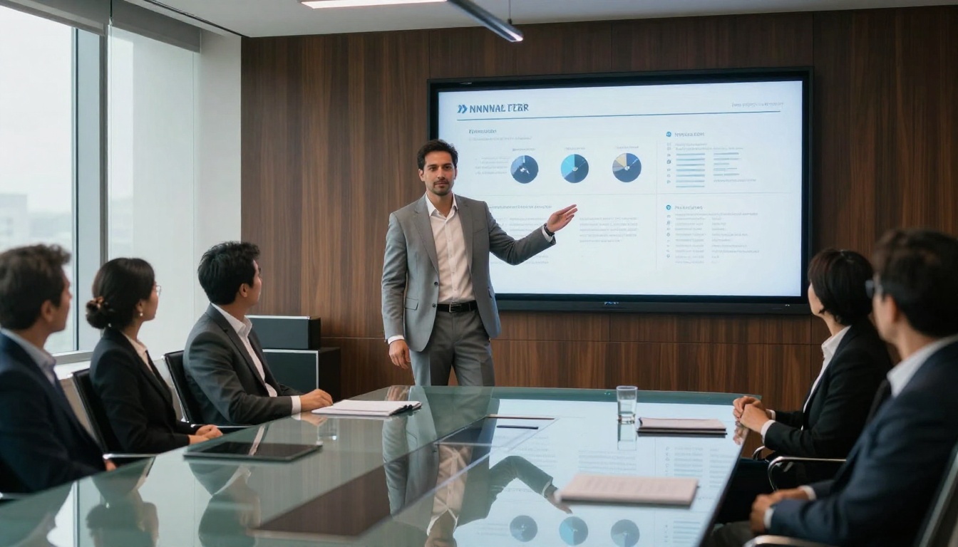 Business professional presenting flipbook in boardroom