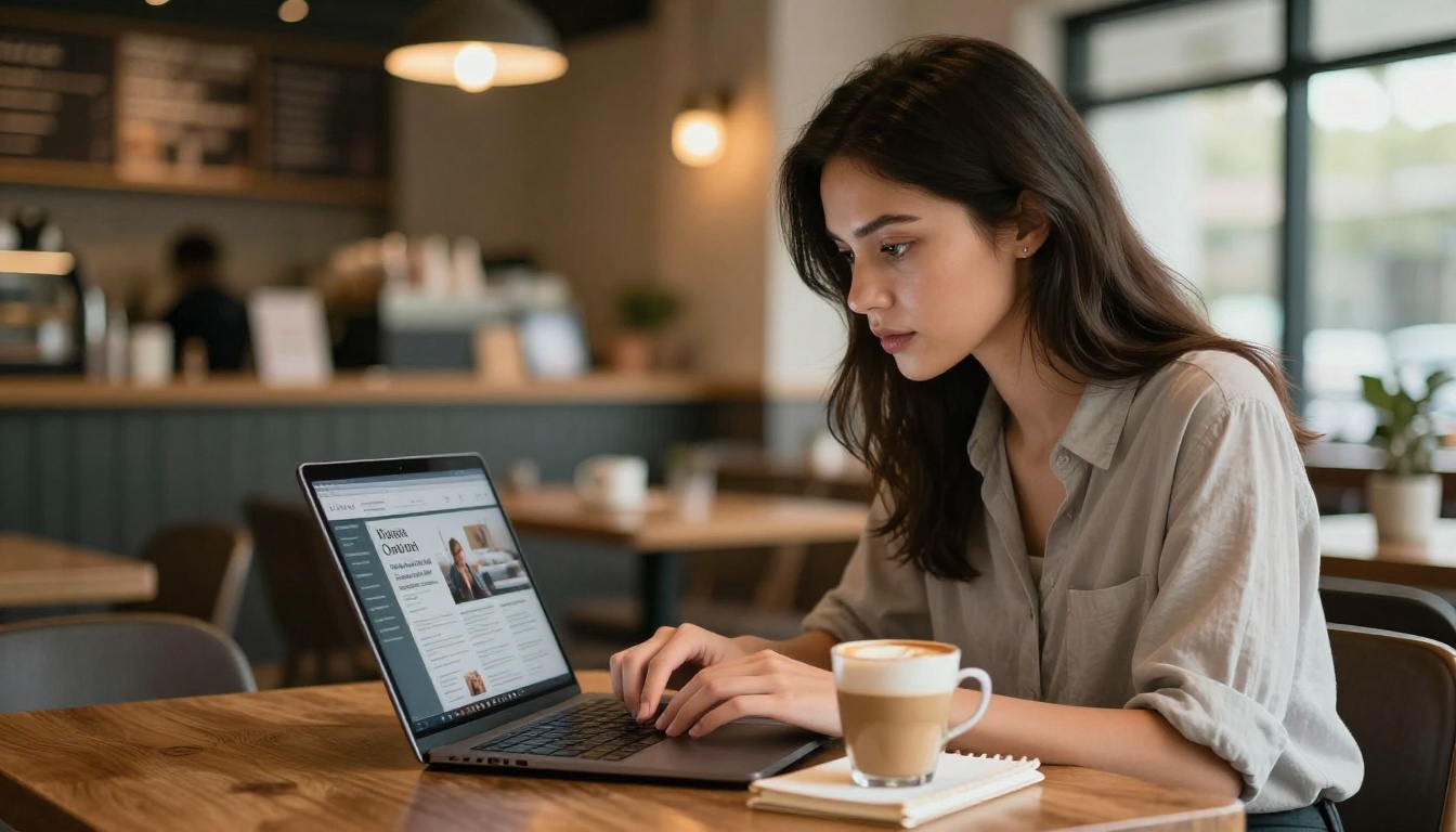 Woman reviewing clean digital publication at cafe