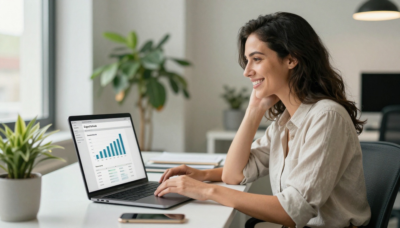 Marketing professional reviewing flipbook analytics dashboard on laptop