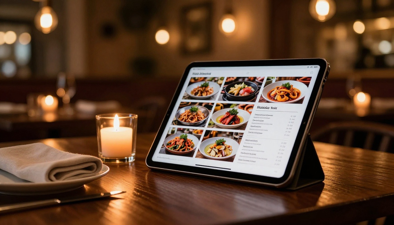 Restaurant menu as interactive flipbook on iPad in a warm restaurant setting