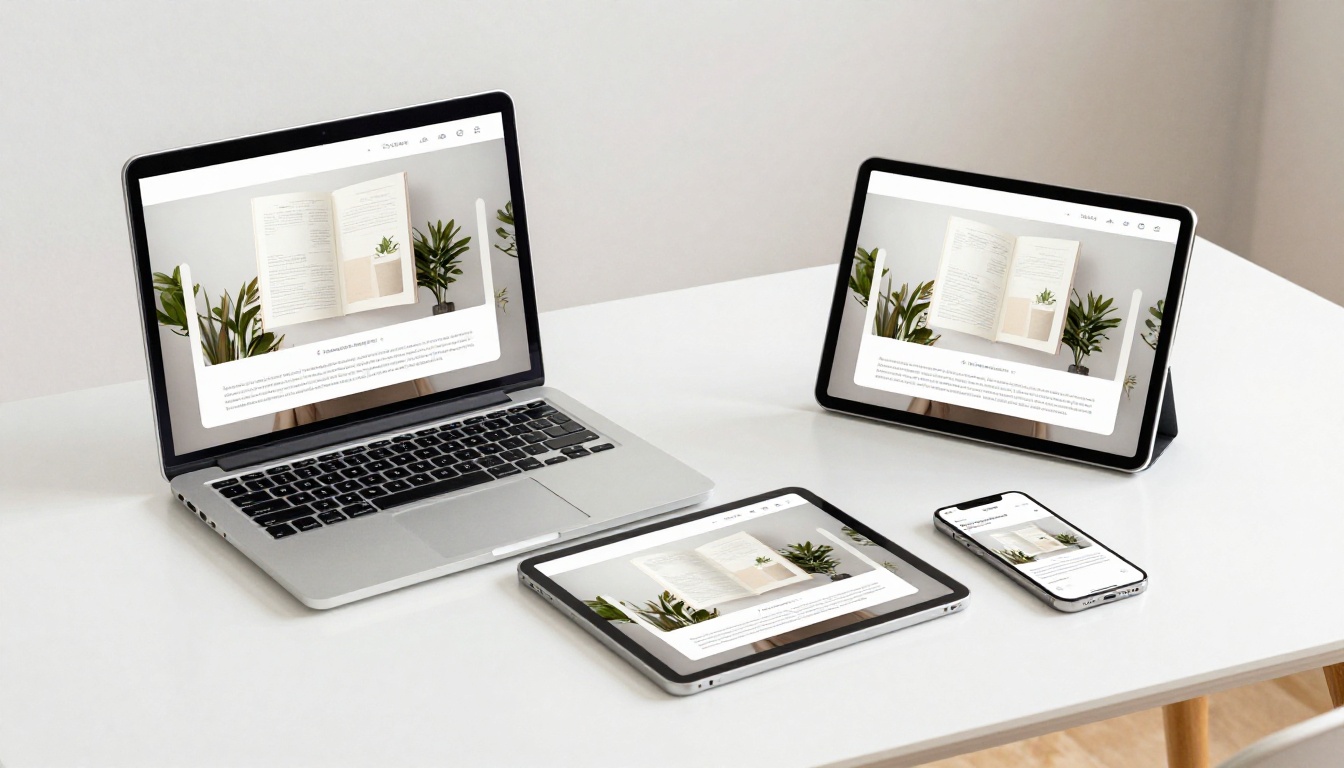 Three devices showing same flipbook content across laptop tablet and smartphone