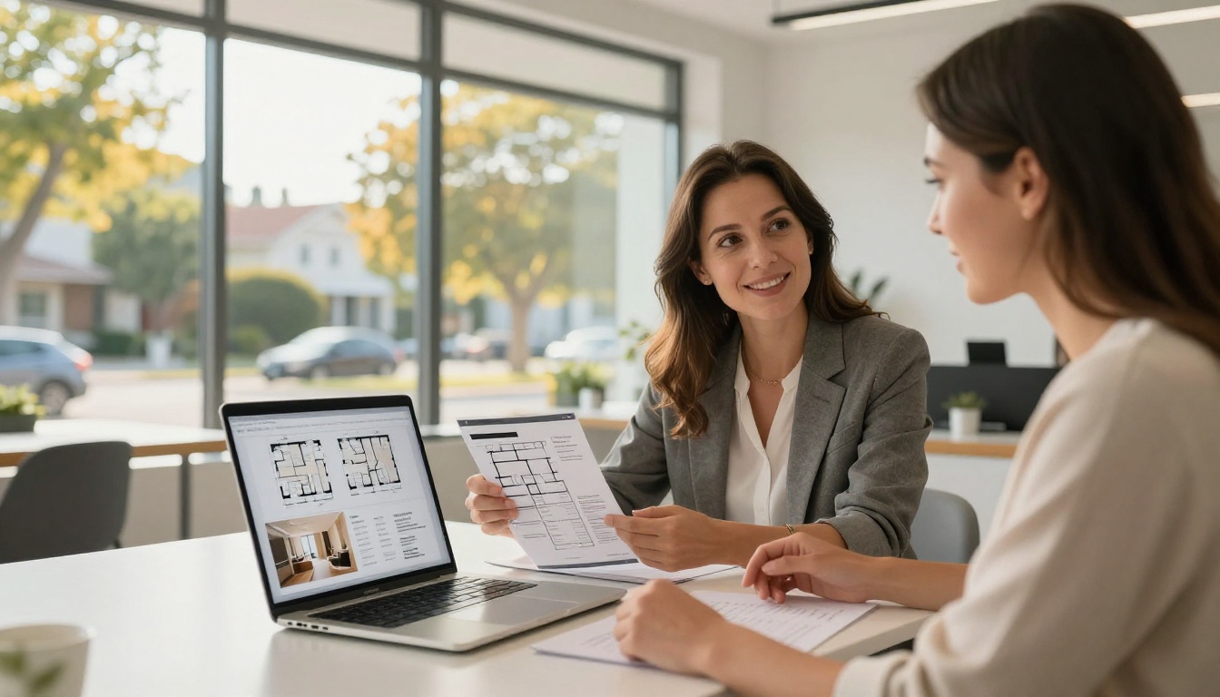 Real estate agent showing property flipbook brochure on laptop to clients