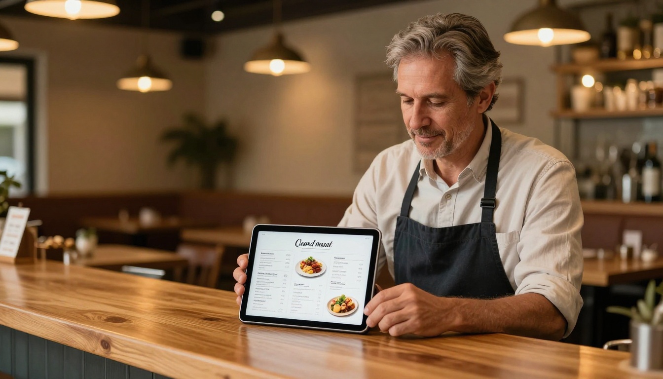 Restaurant owner reviewing digital menu on tablet