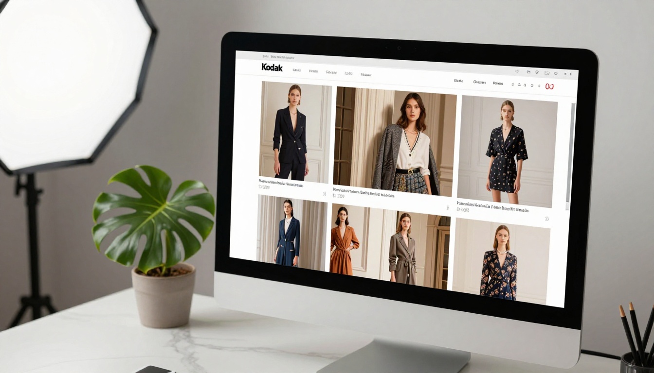 Fashion catalog flipbook displayed on monitor in a minimalist studio
