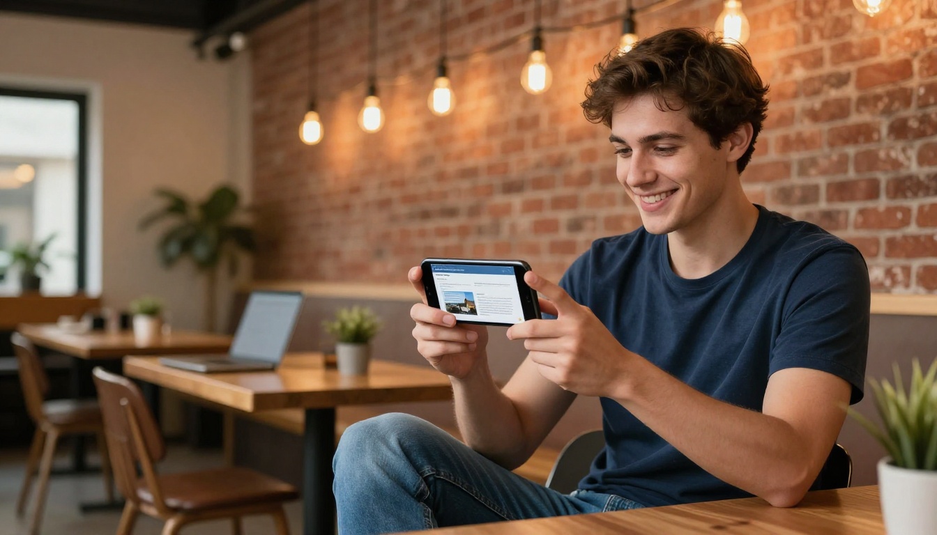 Young professional sharing a flipbook link from smartphone in a co-working space