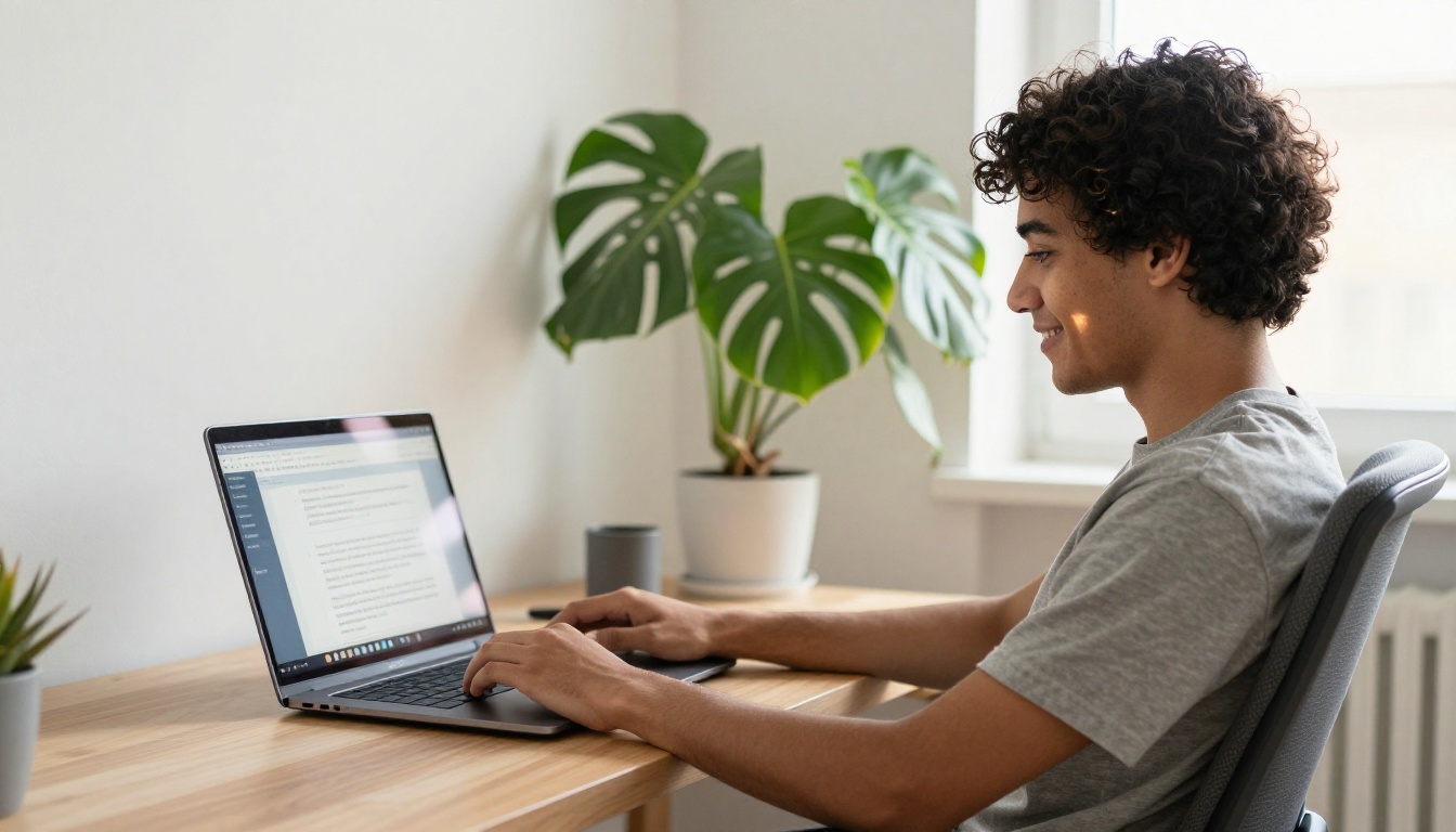 Satisfied man with clean watermark-free flipbook on laptop