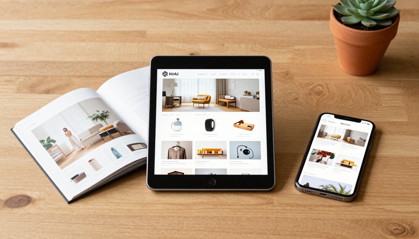 MacBook, iPad, and iPhone all displaying the same e-commerce flipbook catalog on a wood surface