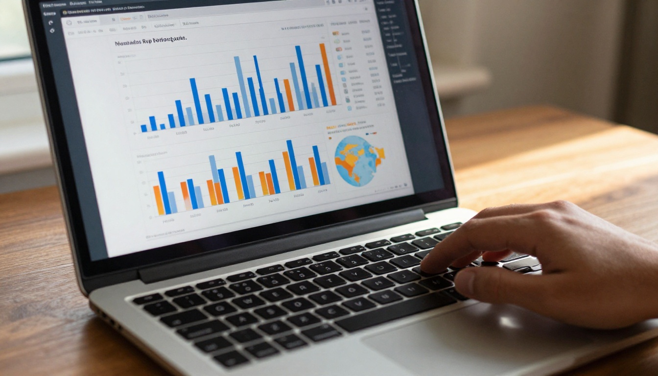 Close-up shot of modern laptop screen showing detailed analytics dashboard with bar charts tracking reader behavior and page dwell time Close-up shot of modern laptop screen showing detailed analytics dashboard with bar charts tracking reader behavior and page dwell time