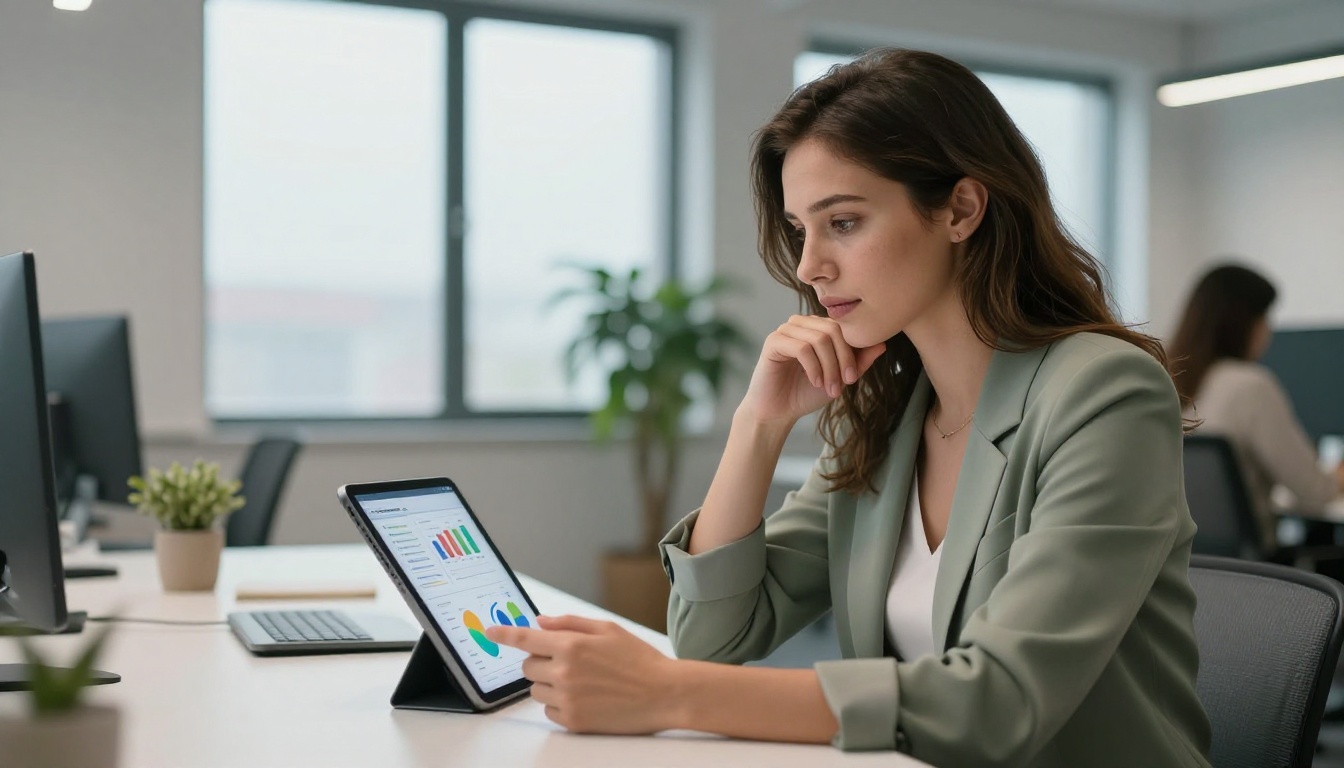 Marketing professional studying flipbook analytics on a tablet in a bright minimalist office Marketing professional studying flipbook analytics on a tablet in a bright minimalist office