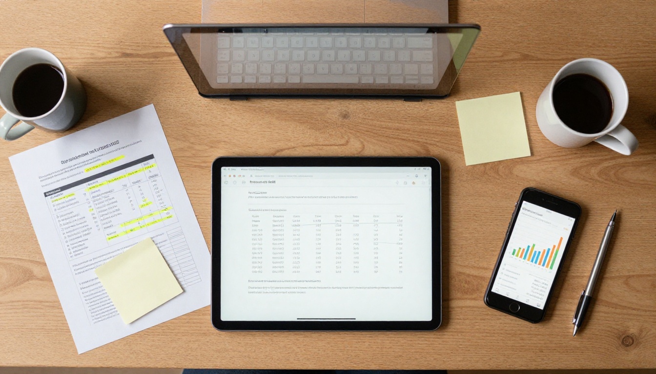 Aerial top-down view of a desk with laptop showing document tracking statistics, analytics report, and sticky notes arranged naturally Aerial top-down view of a desk with laptop showing document tracking statistics, analytics report, and sticky notes arranged naturally