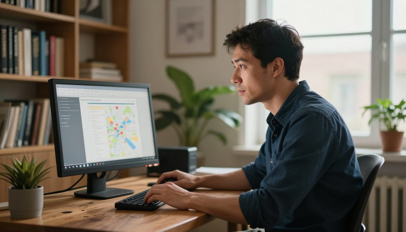 Small business owner reviewing document reader interaction statistics on a monitor in a cozy home office, warm side lighting Small business owner reviewing document reader interaction statistics on a monitor in a cozy home office, warm side lighting
