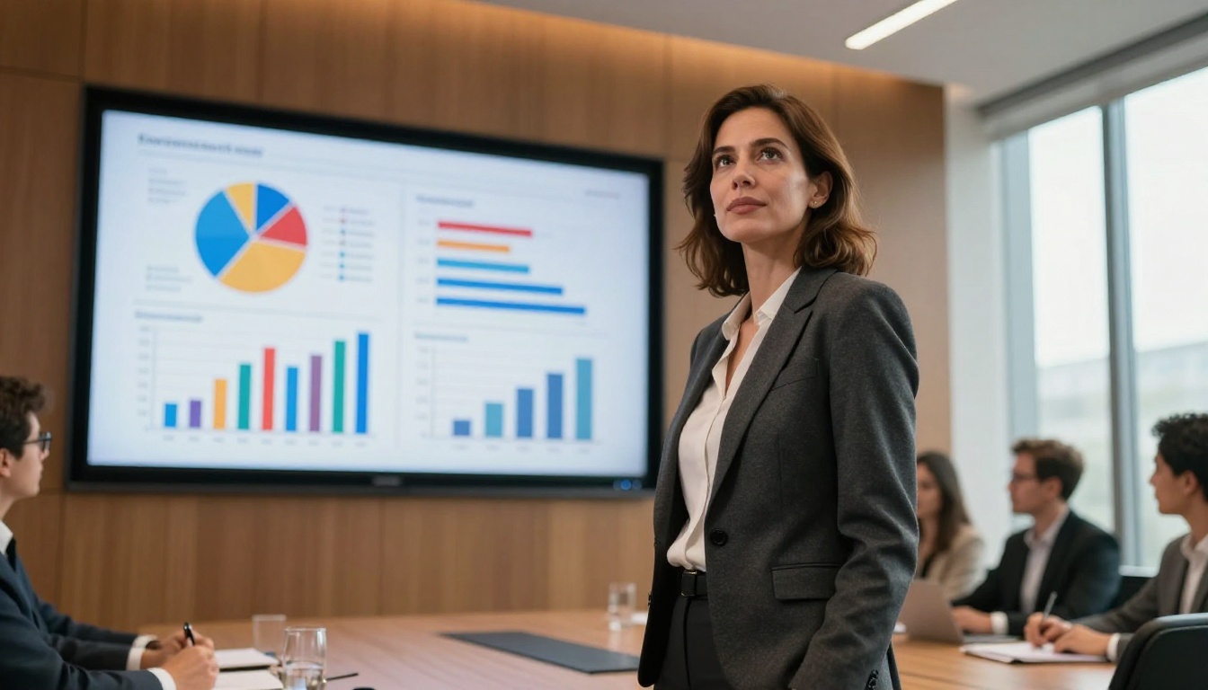 Businesswoman presenting analytics data on large wall-mounted screen to colleagues in a conference room, low-angle dramatic shot, warm recessed lighting Businesswoman presenting analytics data on large wall-mounted screen to colleagues in a conference room, low-angle dramatic shot, warm recessed lighting