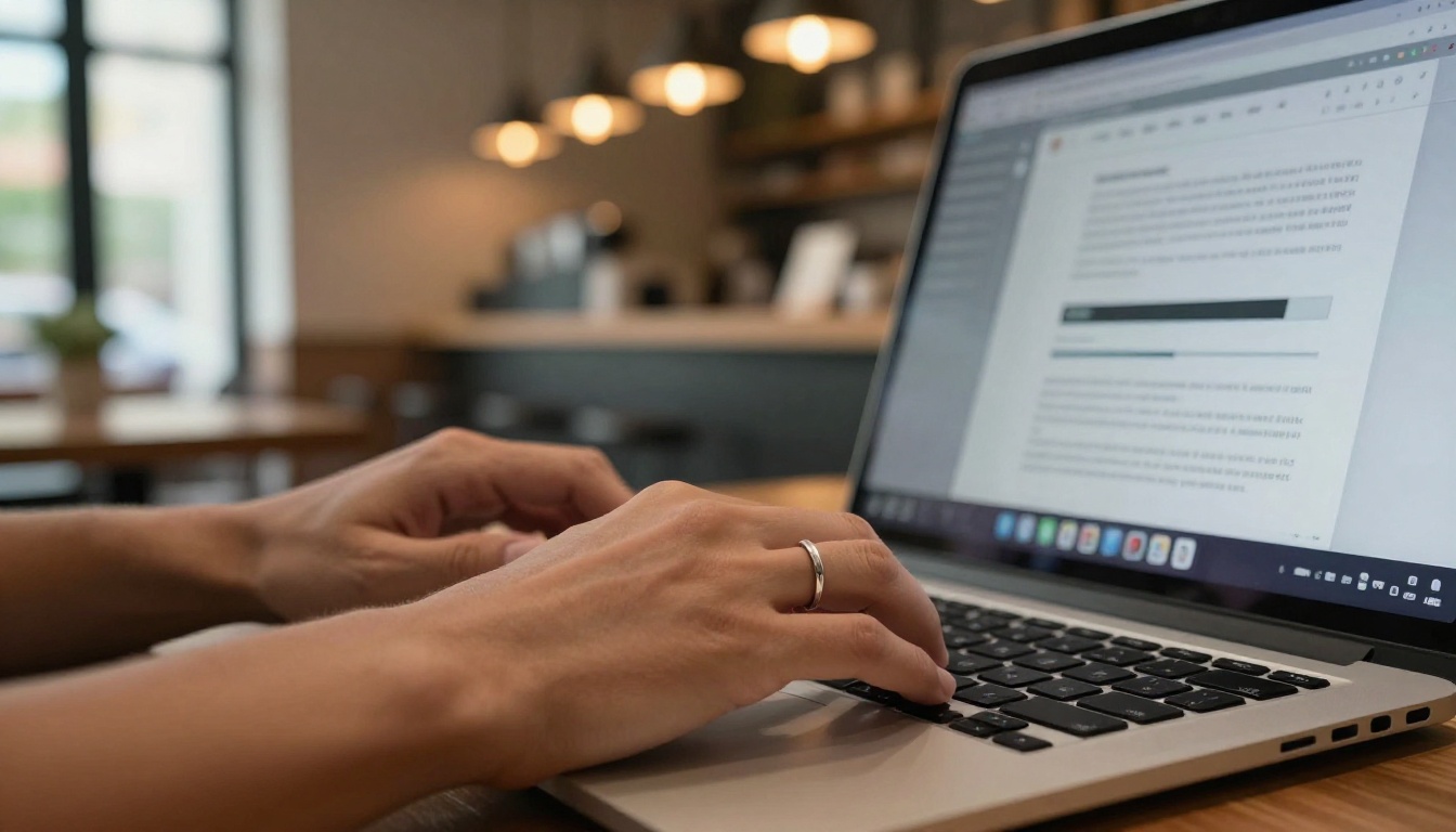 Close-up of hands typing on a laptop keyboard with a PDF being uploaded to a digital flipbook platform visible on screen, warm cafe lighting Close-up of hands typing on a laptop keyboard with a PDF being uploaded to a digital flipbook platform visible on screen, warm cafe lighting