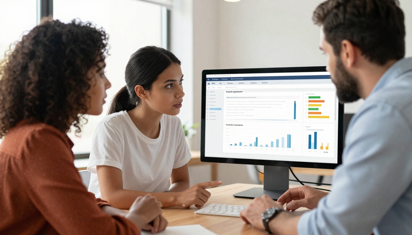 Digital marketing team of three professionals reviewing flipbook interaction metrics on a shared monitor, bright open office, natural window light Digital marketing team of three professionals reviewing flipbook interaction metrics on a shared monitor, bright open office, natural window light