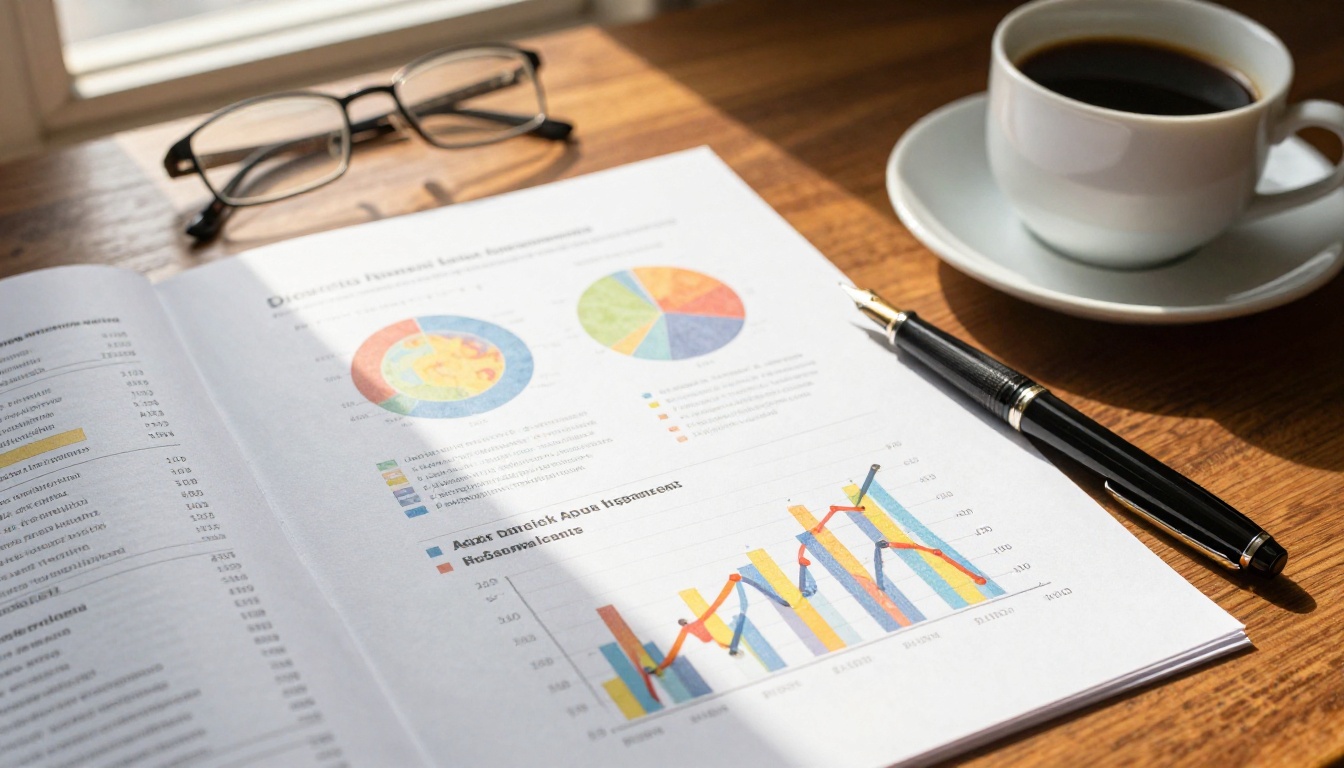 Printed analytics report with colorful heatmaps and charts on a mahogany desk next to a ceramic coffee mug and fountain pen, warm morning light Printed analytics report with colorful heatmaps and charts on a mahogany desk next to a ceramic coffee mug and fountain pen, warm morning light
