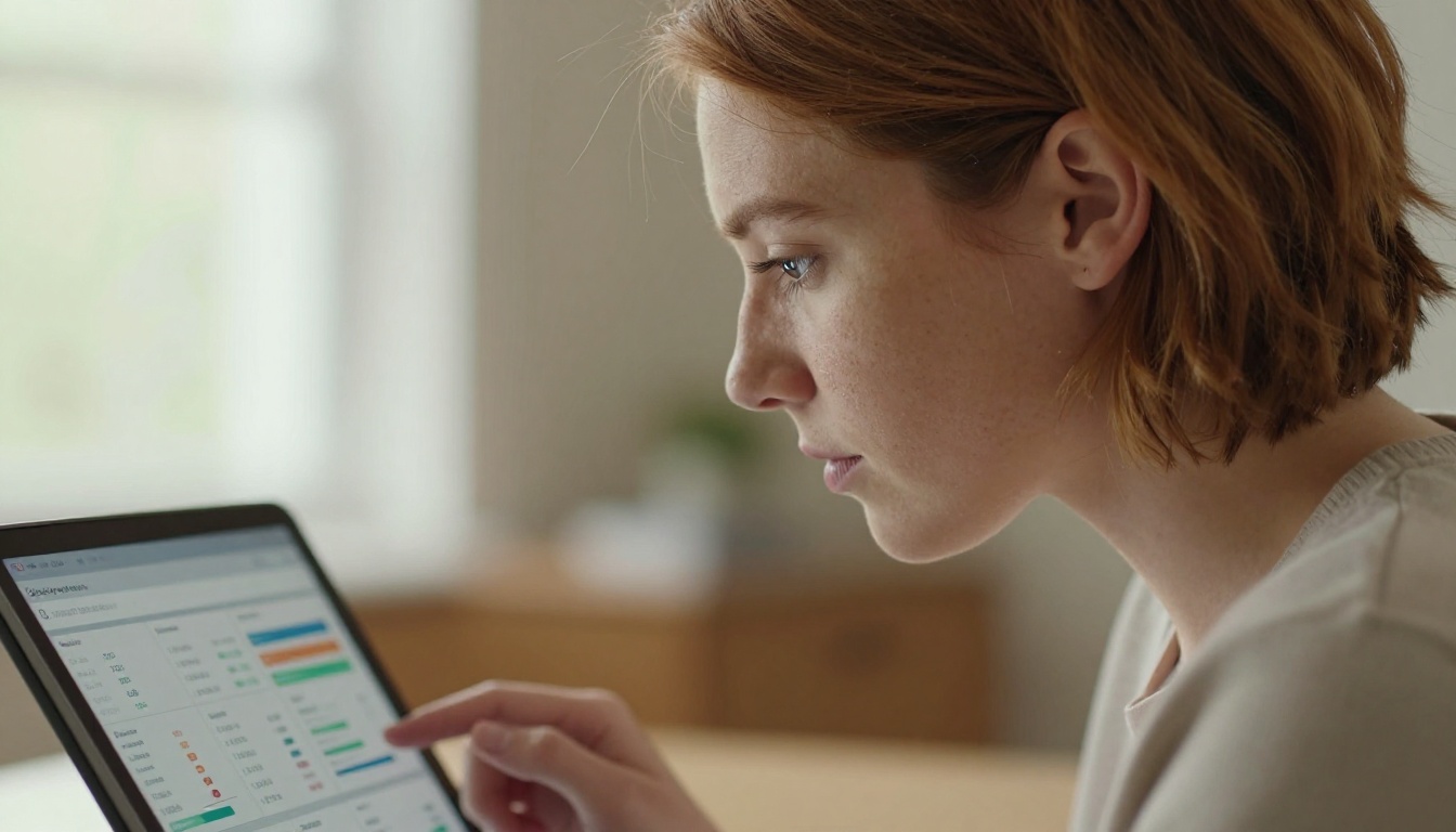 Side profile of a young professional woman reading a tablet showing a digital flipbook with analytics overlay data, diffused natural daylight from window on right Side profile of a young professional woman reading a tablet showing a digital flipbook with analytics overlay data, diffused natural daylight from window on right