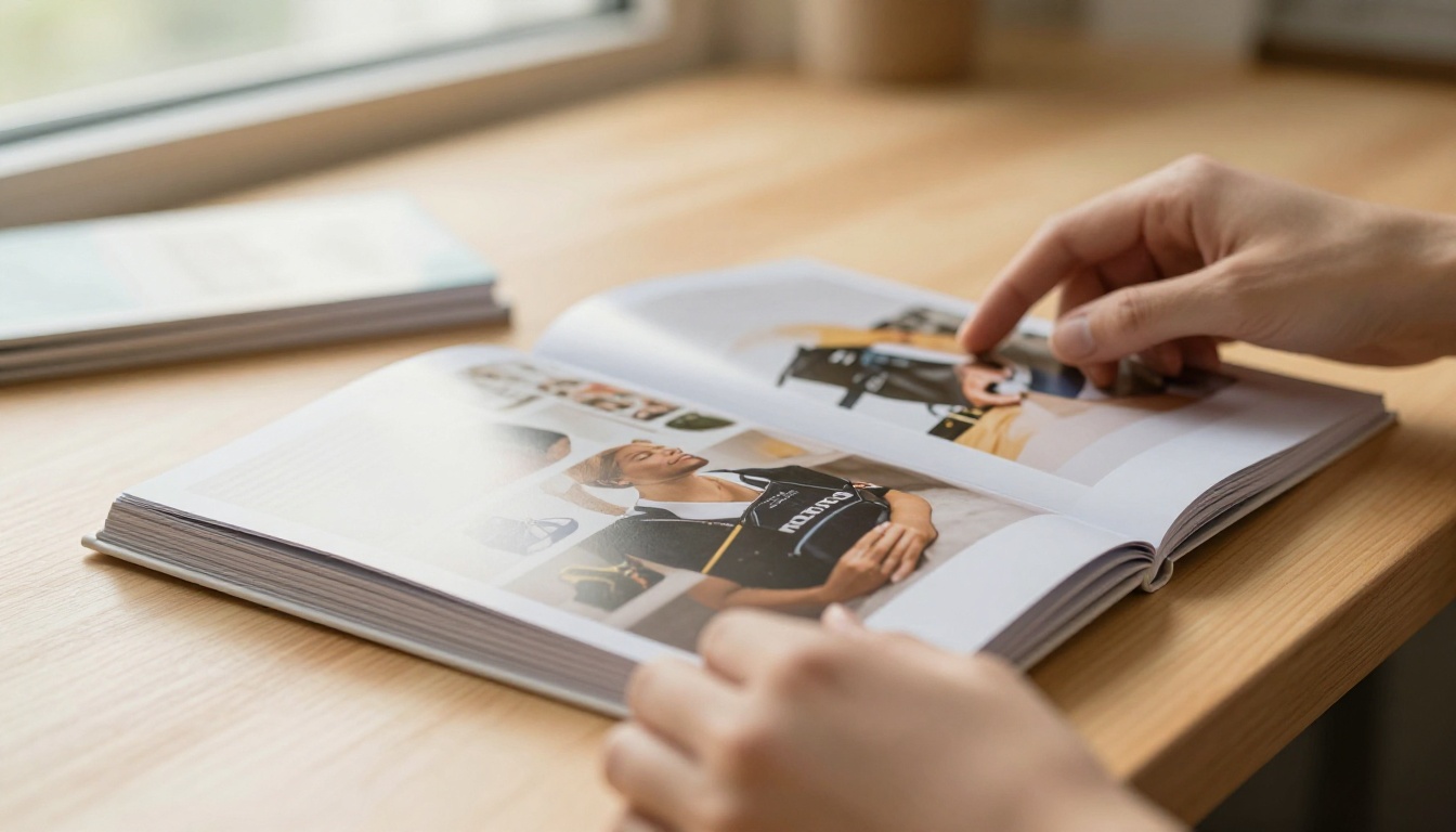 Small business owner flipping through a glossy product catalog on a wooden desk Small business owner flipping through a glossy product catalog on a wooden desk