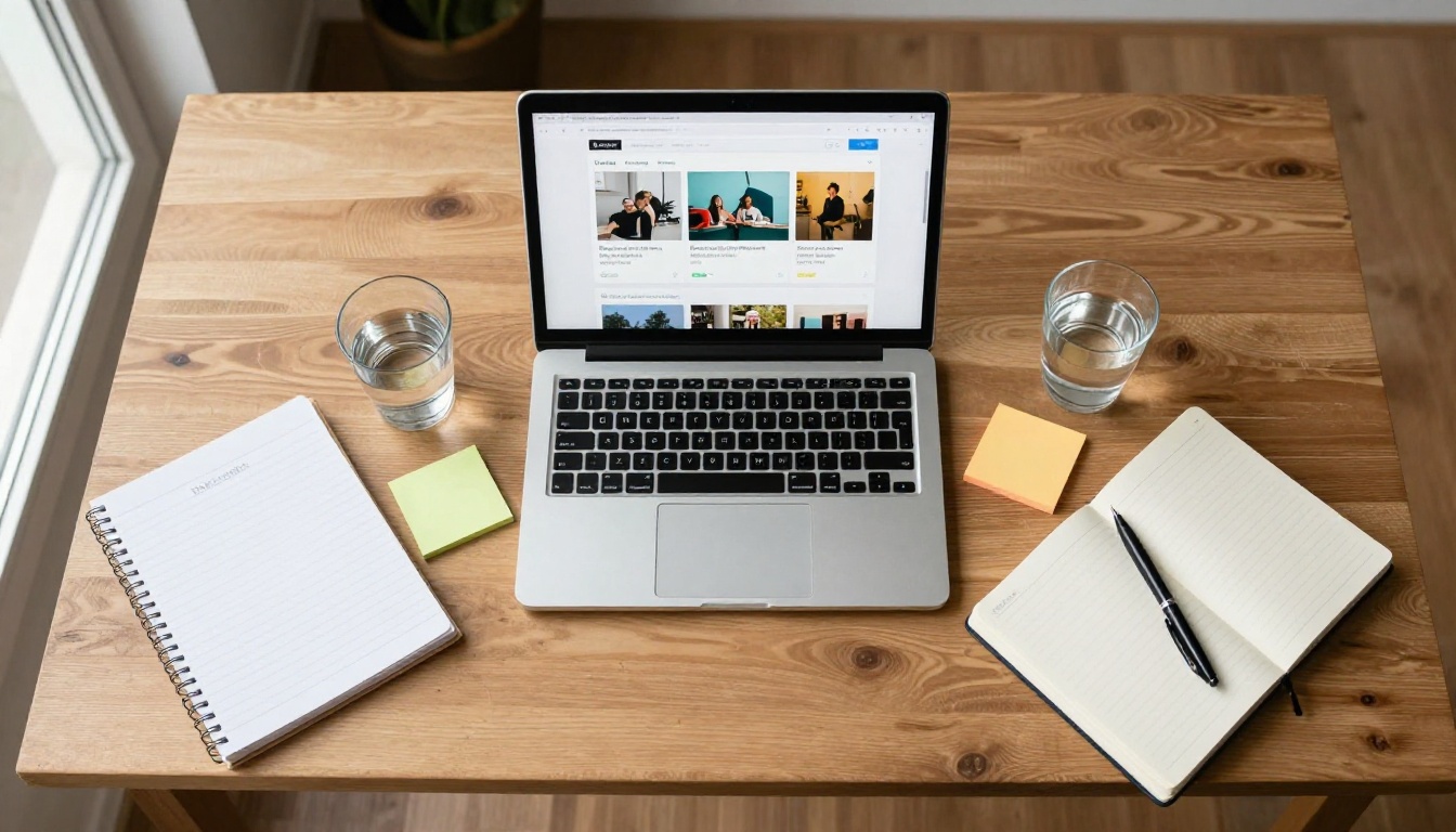 Aerial flat-lay of a small business owner's organized desk with laptop, product samples, and sticky notes Aerial flat-lay of a small business owner's organized desk with laptop, product samples, and sticky notes