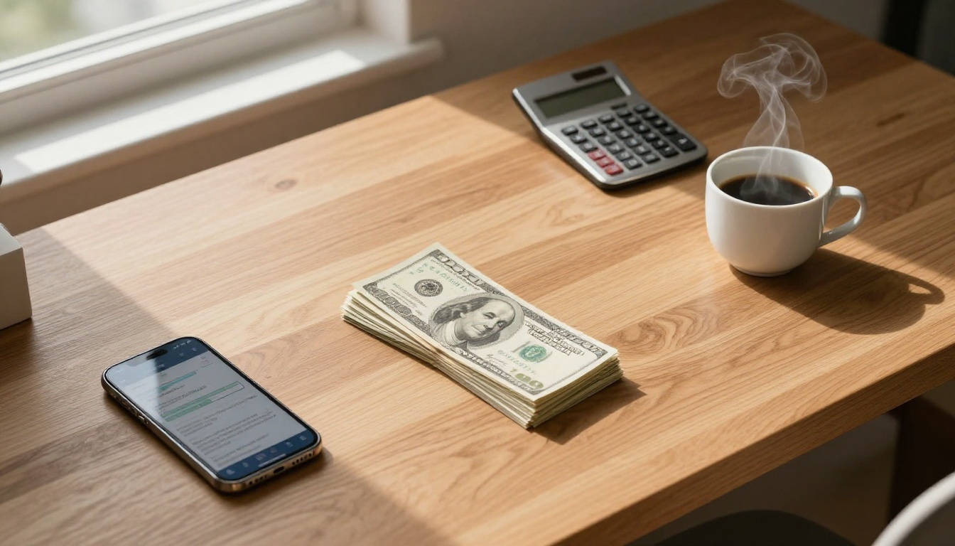 Money and cost comparison flat lay on wooden desk