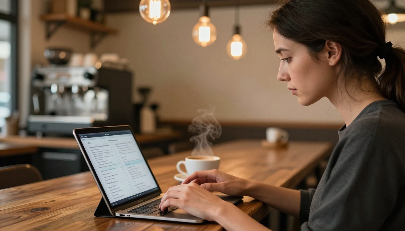 Woman working on a tablet in a cozy coffee shop viewing a digital flipbook menu Woman working on a tablet in a cozy coffee shop viewing a digital flipbook menu