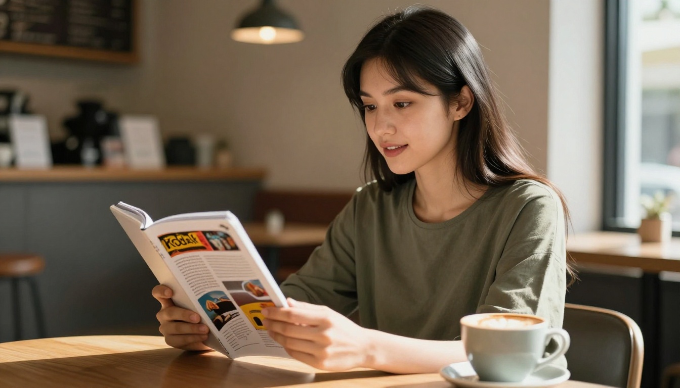 Woman browsing digital flipbook on tablet at a cafe