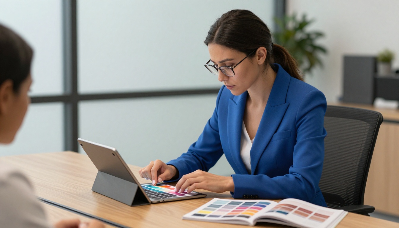 Professional woman reviewing brand color palettes on tablet