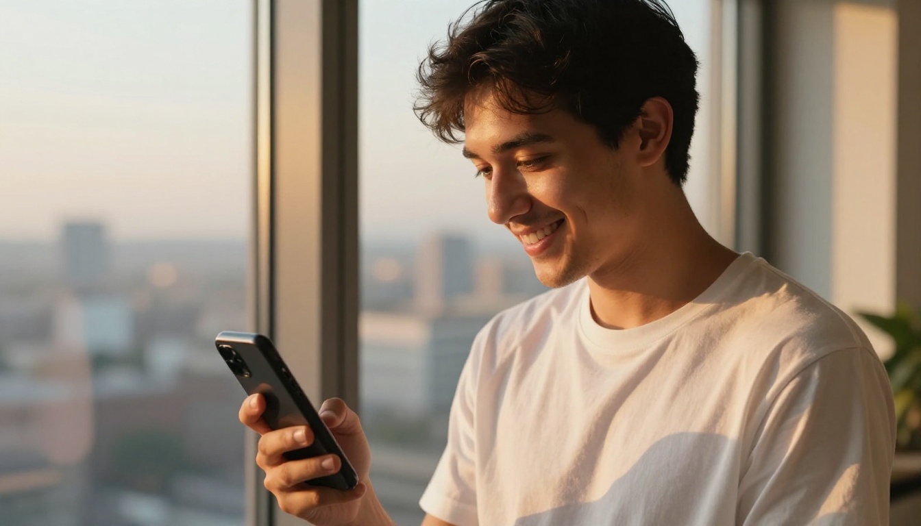 Man sharing digital flipbook on smartphone by window