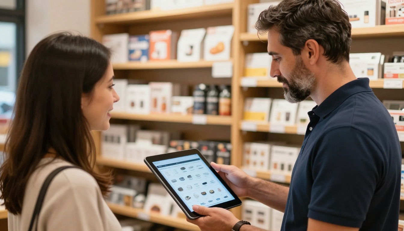 Retail shop owner showing a digital product catalog on a tablet to a smiling customer in-store Retail shop owner showing a digital product catalog on a tablet to a smiling customer in-store