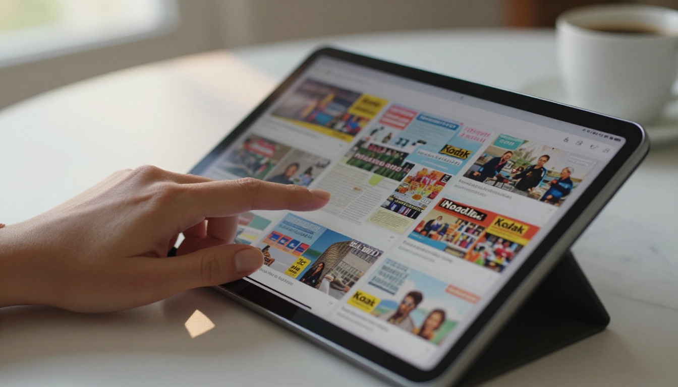 Woman scrolling through a digital flipbook on a tablet, colorful pages mid-turn visible on screen Woman scrolling through a digital flipbook on a tablet, colorful pages mid-turn visible on screen