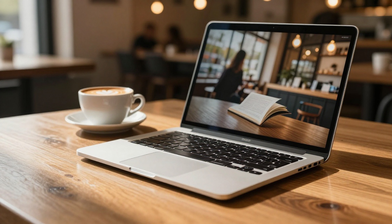Open laptop on a wooden cafe table showing a digital flipbook mid-page-turn with a latte beside it Open laptop on a wooden cafe table showing a digital flipbook mid-page-turn with a latte beside it